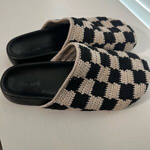 The Sak black + cream crochet mules